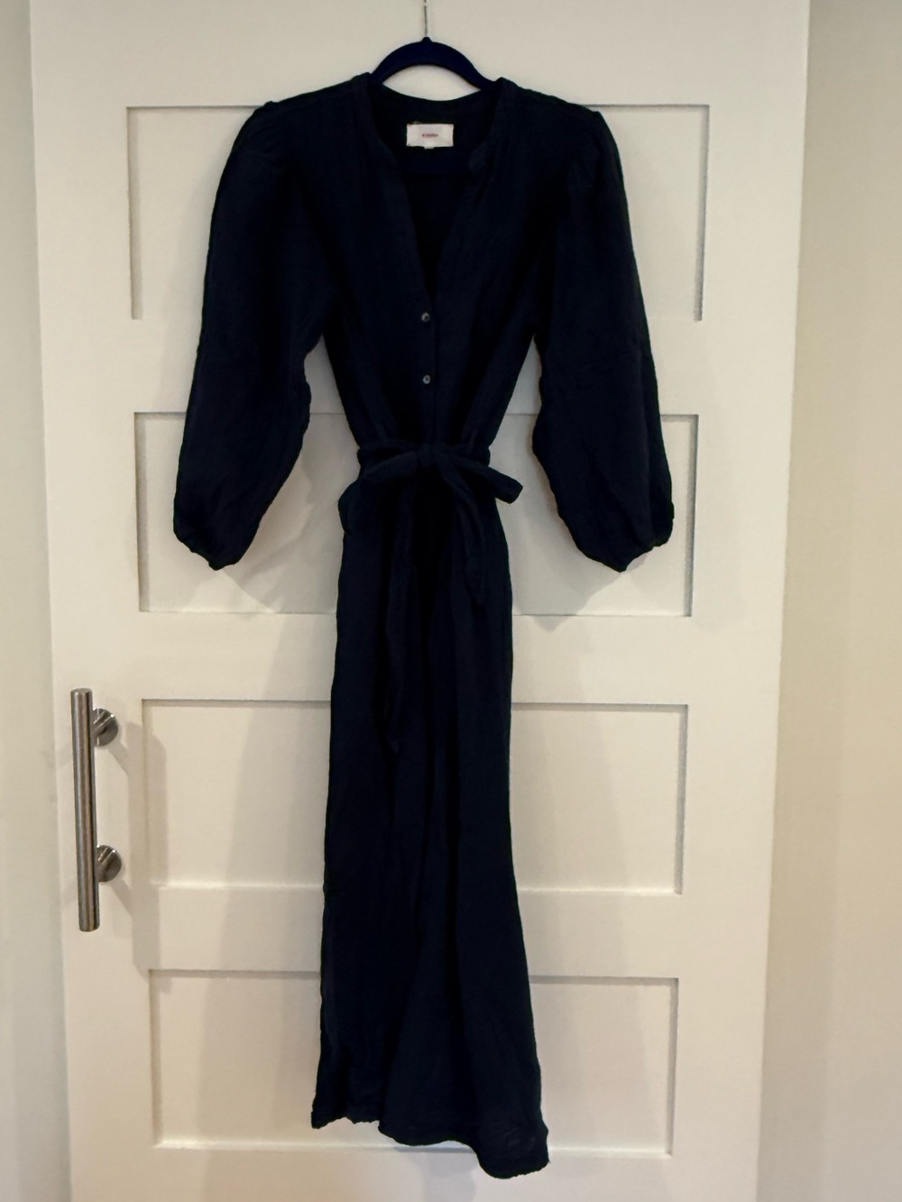 XiRENA Selene Navy Long-Sleeve Button-Front Maxi Dress with Tie Waist